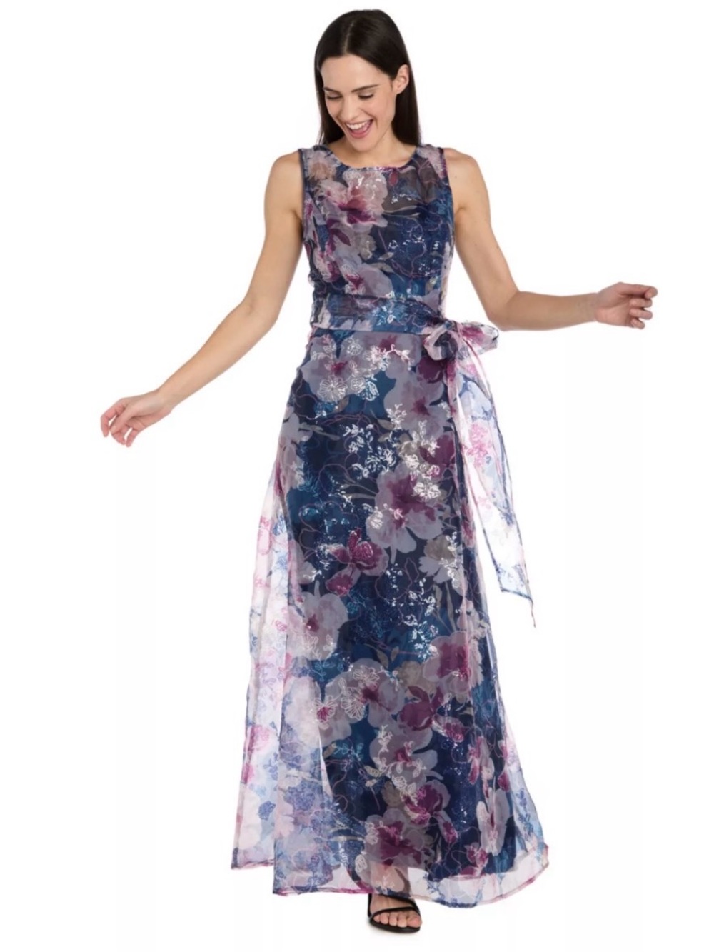 R & M Richards Navy Floral Chiffon Maxi Dress with Purple & Pink Accents - Picture 4 of 8